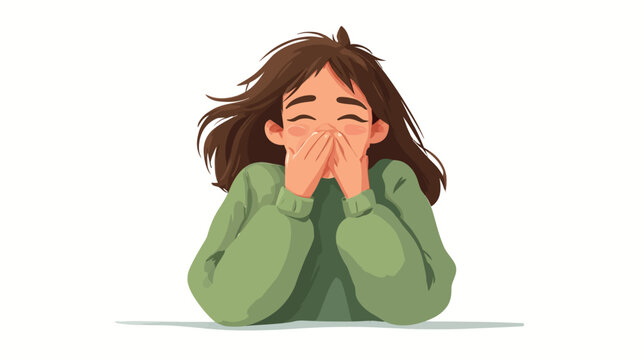 Digital illustration of a young woman with brown hair and a green sweater, covering her face with her hands while laughing. The style is cartoonish, with soft lines and colors. The background is