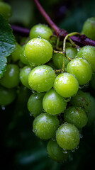 Close up of a bunch of green grapes with water droplets in soft focus view