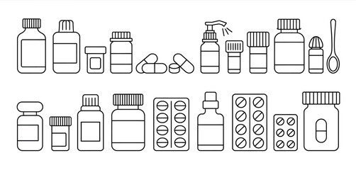 Collection of Medicine Bottles, Pills, and Tablets Line Art