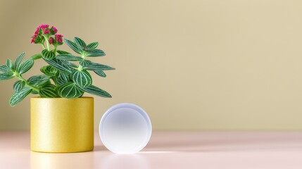 Small Green Plant in Gold Glitter Pot with White Object on Pink Surface