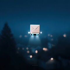 Small White Robot Delivering Package at Night Over City