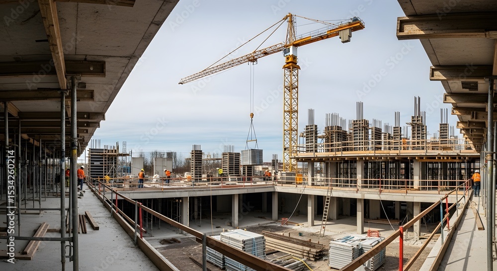 Poster construction site with crane and scaffolding under a bright sky, featuring workers. concrete structu