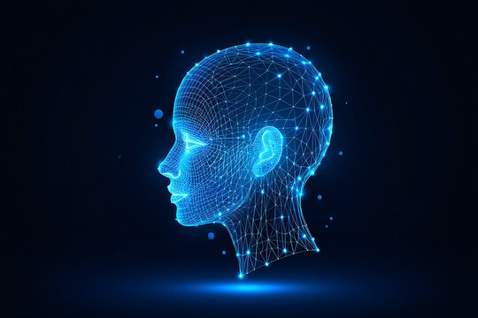 Abstract digital human head profile in blue neon light
