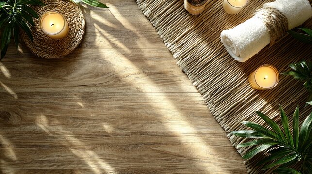 Peaceful spa setting with candles and green plants