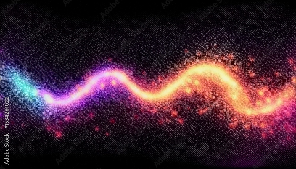 Poster vibrant purple and orange energy wave with glowing bokeh particles on dark background for abstract d