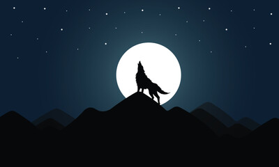Naklejka premium Wolf howling at the moon. Animal silhouette moonlight vector design. Vector illustration for use in polygraph and textile.
