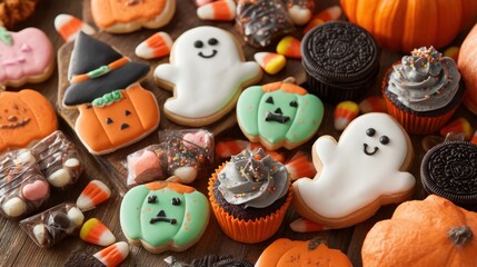 Assorted Halloween cookies, cupcakes, and candies