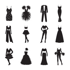 A collection of black silhouette illustrations showcasing a variety of women's fashion styles vector art on white