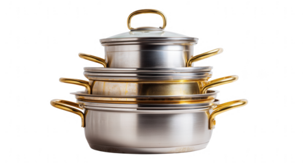 Stir-fry pot, stainless steel pots and pans with golden handles stacked on top of each other, white background, png, transparent