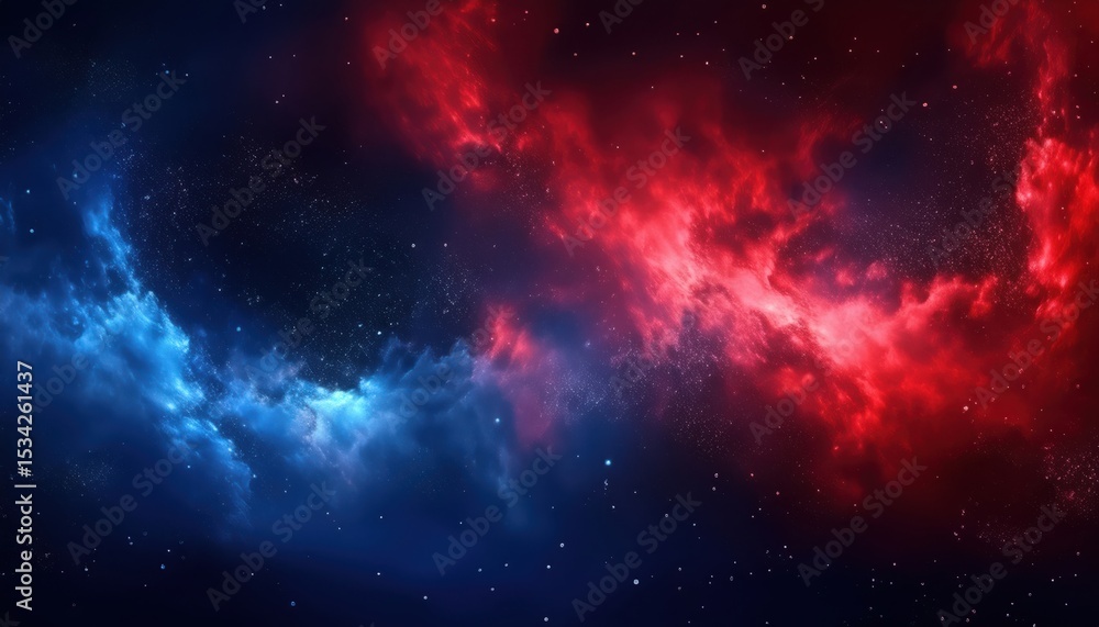 Poster vivid red and blue nebula energy stream in deep space background for web design, sci-fi branding, pr
