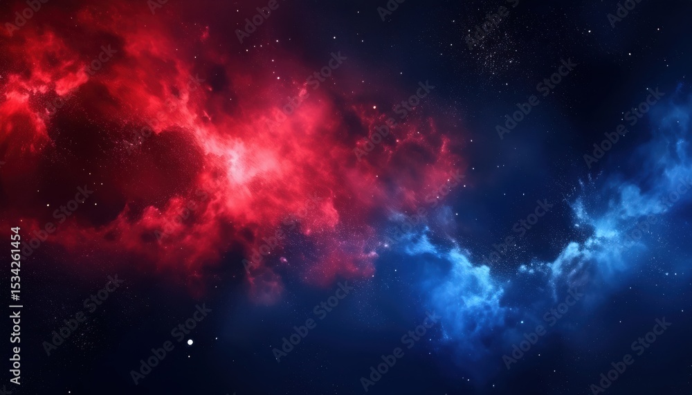 Poster vivid red and blue nebula energy stream in deep space background for web design, sci-fi branding, pr