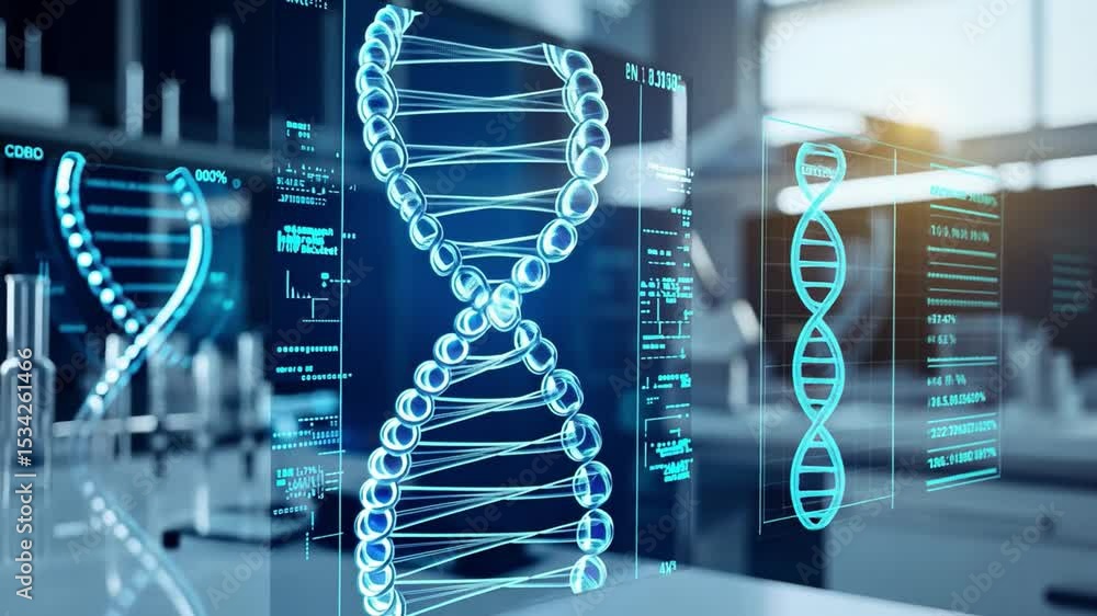 Poster a detailed rendering of a dna strand with a modern lab setting as the background. the image is a rep