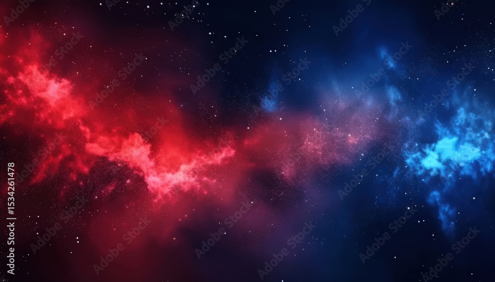 Poster vivid red and blue nebula energy stream in deep space background for web design, sci-fi branding, pr