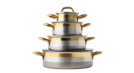 Stir-fry pot, stainless steel pots and pans with golden handles stacked on top of each other, white background, png, transparent
