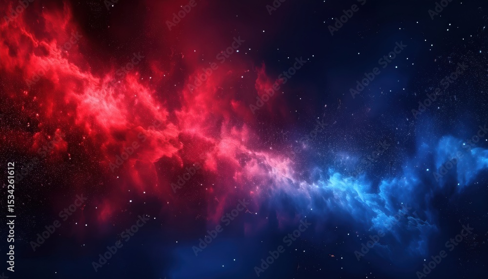 Poster vivid red and blue nebula energy stream in deep space background for web design, sci-fi branding, pr
