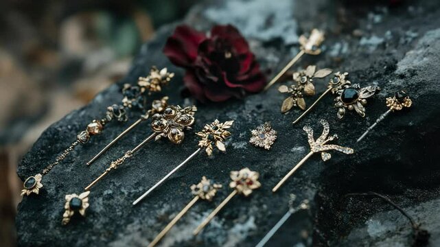 A set of three gold bobby pins on a rock with a rose in the background