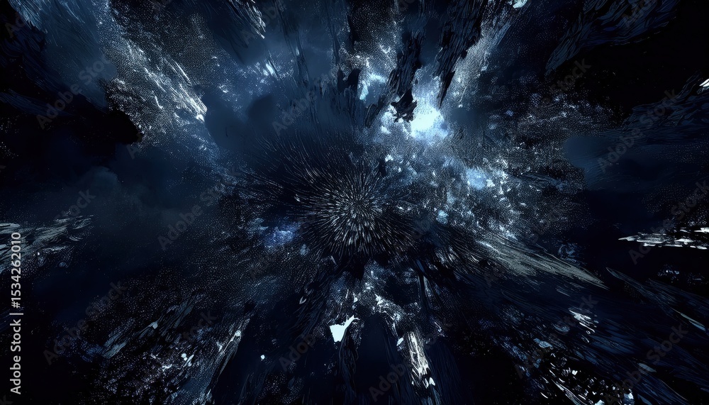 Poster abstract cosmic rift explosion in deep blue hues with scattered particles and light shards for digital art, web design, sci-fi branding, or atmospheric print media

