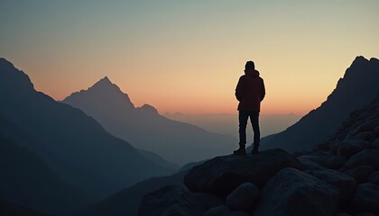 Fototapeta premium Man silhouette on rocks, mountain landscape at dawn, dramatic scenery.