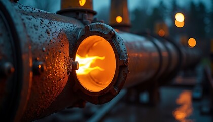 Metal pipeline with visible flame and atmospheric perspective at night