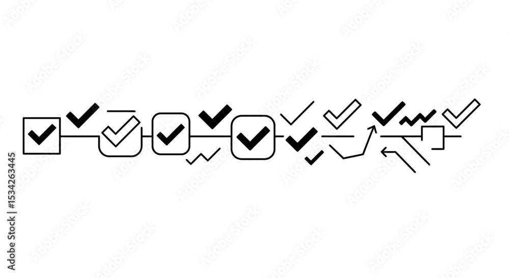 Poster completed task and process vector illustration with check mark symbols and arrows