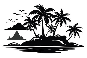 Black Silhouette of Tropical Island with Palm Trees, Birds, Water Reflection and Cloudy Mountain View