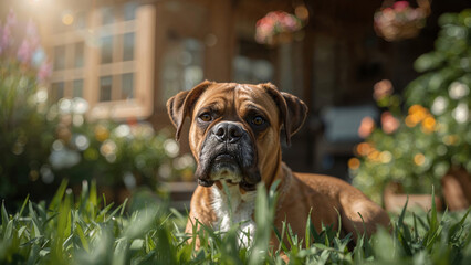 Giovane cane di razza boxer riposa nel giardino di casa