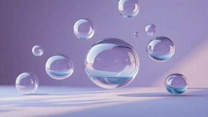 Abstract purple background with floating clear glass balls