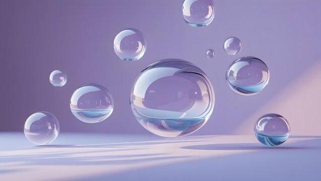 Abstract purple background with floating clear glass balls - Powered by Adobe