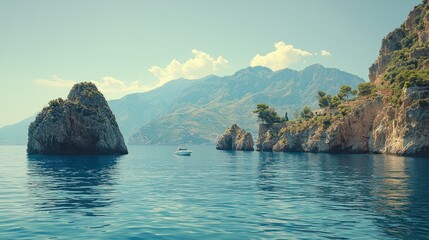 Obraz premium Rocky coast, calm ocean, distant boat, sunny day