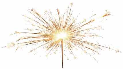 The image shows a lit sparkler against a stark white background. The sparkler is centered in the frame and exhibits a radial burst of bright,