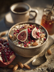 Oatmeal bowl topped with figs and pomegranate seeds with tea and honey jar
