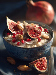 A bowl of oatmeal topped with figs, almonds, and pomegranate seeds on a table