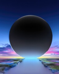 Large Black Sphere Hovering Over Vibrant Gradient Landscape