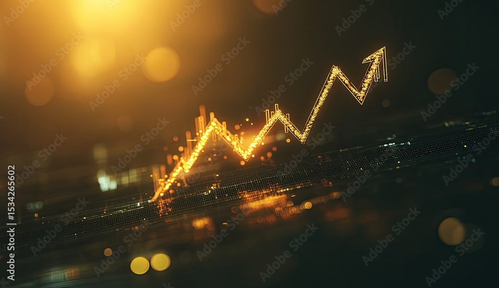 Aufkleber abstract graphic of a golden upward trend graph over a dark background with a bokeh effect
