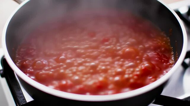 Simmering tomato sauce in pot with bubbling motion captured from above