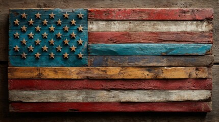 Rustic Wooden American Flag with Weathered Texture