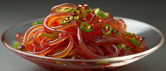 Close up of a bowl of spicy jelly noodles with chili peppers and sesame seeds