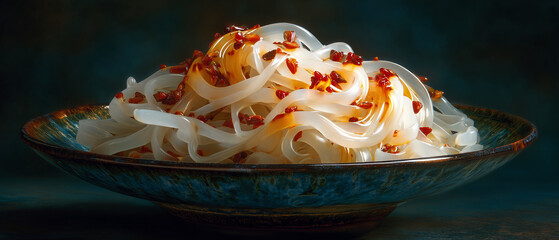 A bowl of glass noodles with chili oil and red pepper flakes on a blue plate