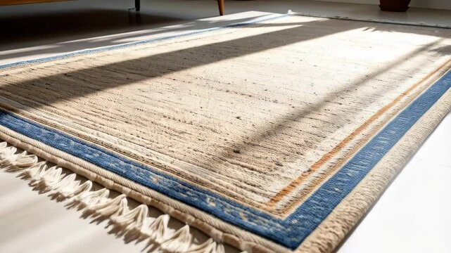 Handwoven area rug featuring neutral beige textured surface and bordered with blue pattern and fringe, sunlight streaming onto white floor