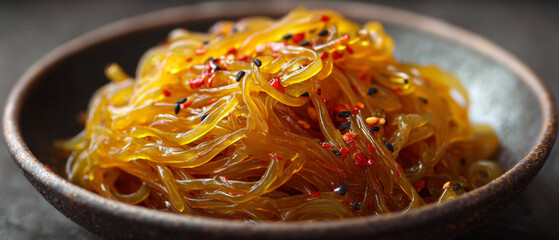 Close up of japchae noodles in a bowl garnished with sesame seeds and peppers