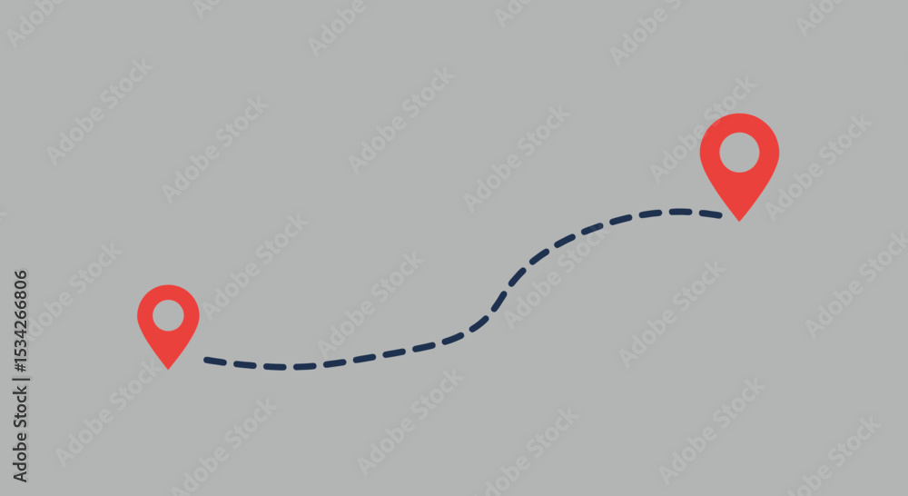 Poster minimalist route navigation concept illustration with location markers and dashed line