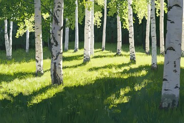Obraz premium Birch forest, sunlit glade, white tree trunks