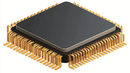 The image shows a close-up view of a microchip. It has a square, flat, black surface on top, surrounded by a golden metallic frame.

