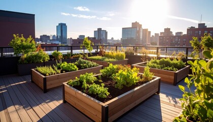 Fototapeta premium Urban Rooftop Garden with Raised Planters and City View.