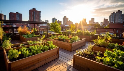 Fototapeta premium Urban Rooftop Garden at Sunrise Wellness and Lifestyle.