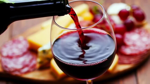 Pouring red wine into glass with gourmet cheese and charcuterie in background