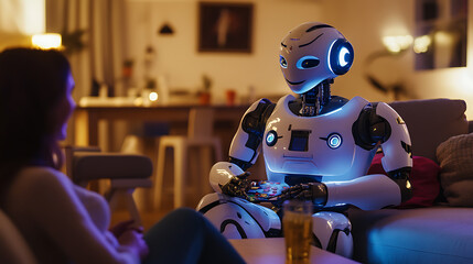 Humanoid Robot Engaging in Conversation with a Person in a Cozy Living Room