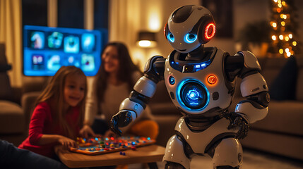 A futuristic robot interacts with a family in a cozy living room setting.