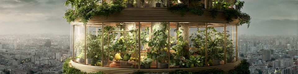A high rise greenhouse with plants overlooking a city on a cloudy day view