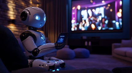 Robot Relaxing on Sofa, Watching TV in a Cozy Living Room